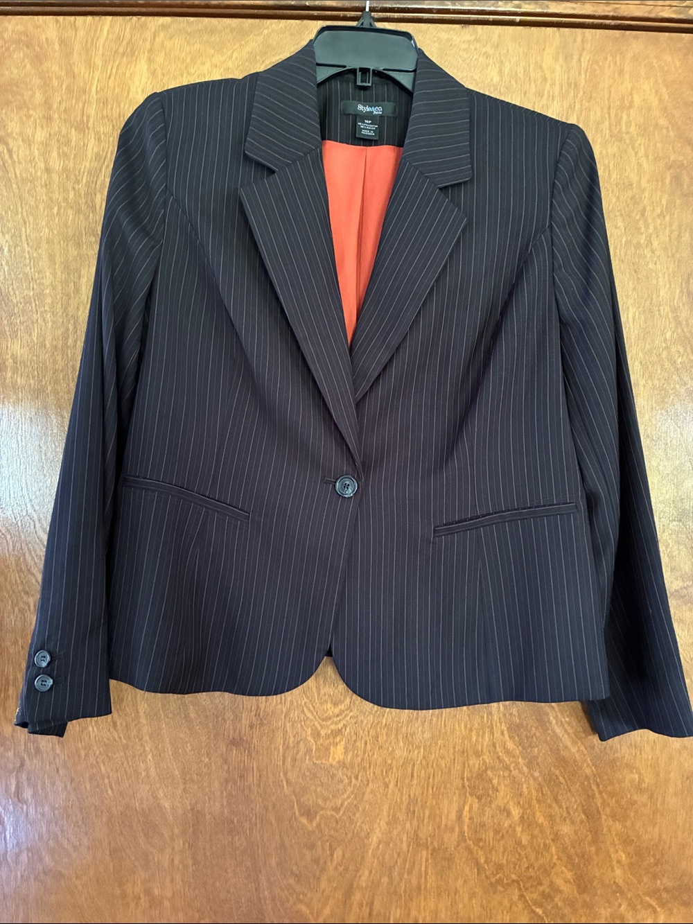 Style & Co. Black Pinstripe Blazer with Orange Lining Size 16 Petite